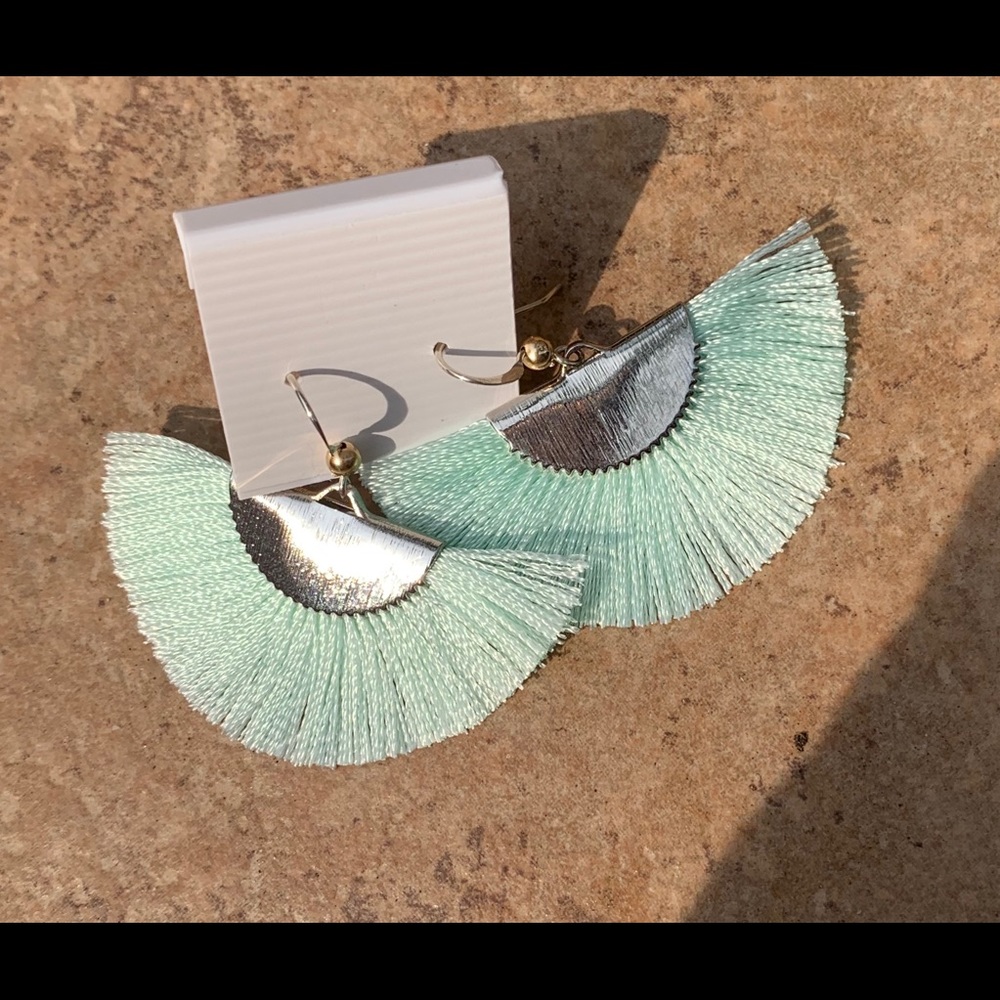 Fun fringe fan mint earrings! Handmade.